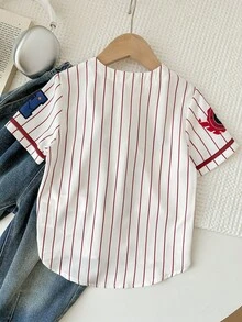 Young Boy Woven Round Neck Striped Letter & Number Graphic Casual Shirt