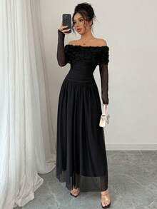 Elenzga Women's Romantic Valentine's Day 3D Floral Decor Off Shoulder Ruffle Long Sleeve Dress, Women's Resort Wear, Women's Luxury Evening Gown - Black - View 4