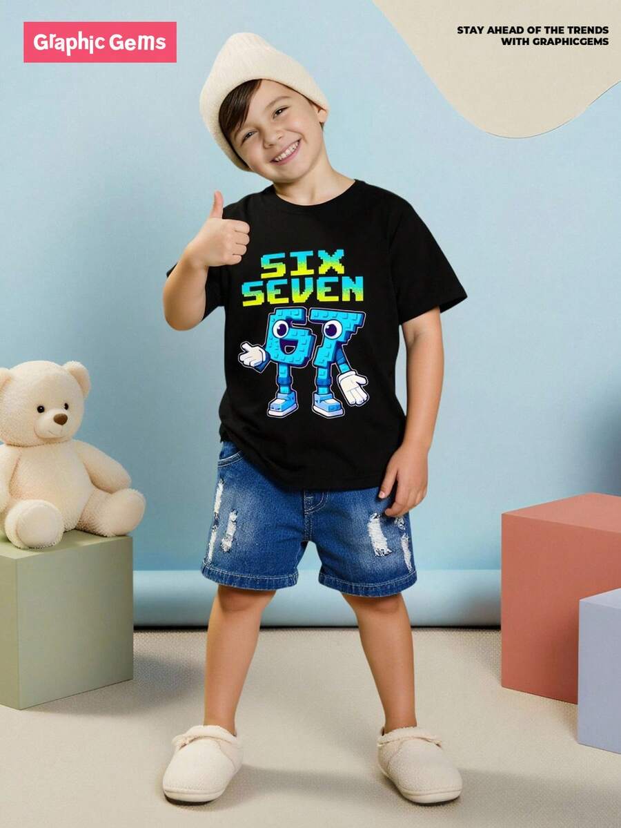 SHEIN GraphicGems 男童休闲创意像素数字“67”字母图案基础款短袖T恤，适合夏季户外、运动和上学穿着 - 黑色 - 查看 1