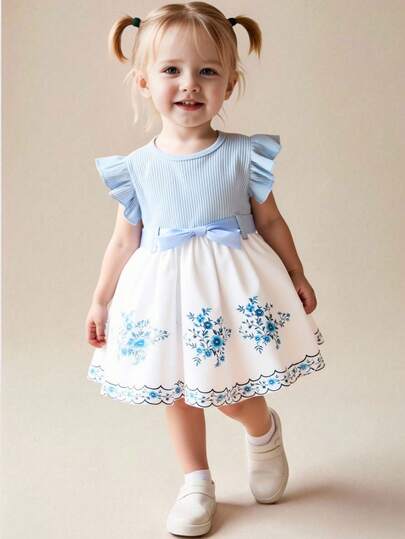 SHEIN Vintaside Kids Babyflickors casual vardagsklänning med mångsidig blommönster och skärp, lämplig för utflykter