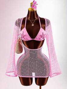 Amplova Women's Romantic Pink Beach Starfish Bikini With Sheer Cover-Up Set - Pink - View 3