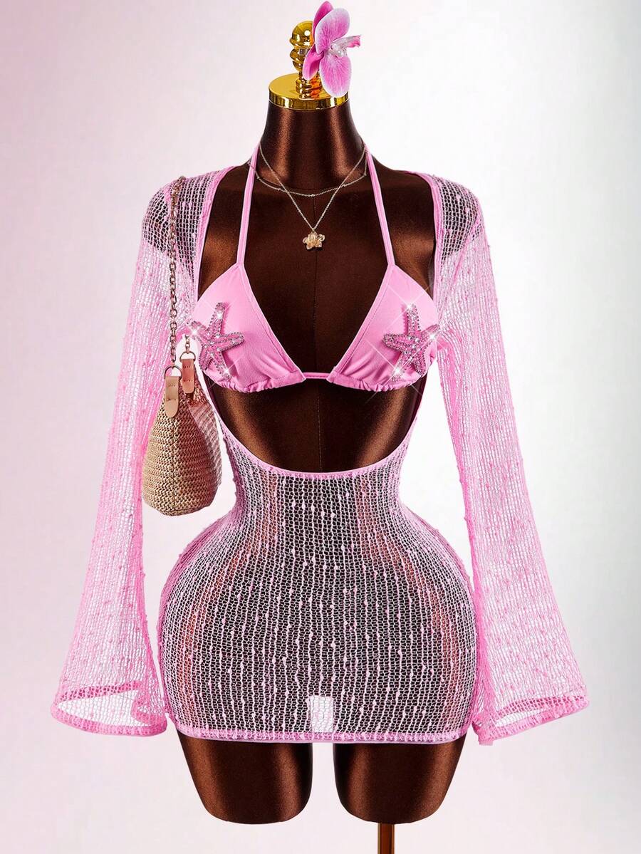 Amplova Women's Romantic Pink Beach Starfish Bikini With Sheer Cover-Up Set - Pink - View 1