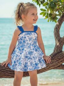 Emery Rose Kids Emery Rose Kids 女童/少女蓝色碎花荷叶边连体泳衣配沙滩裙 - 藍色 - 查看 3