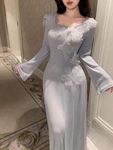 DAZY Romantic Asymmetric Collar Ruffle Trim Fitted Waist Long Women Nightgown - Light Grey - View 4