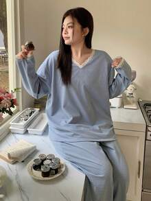 Dazy Plus Contrast Lace V-Neck Loose Striped Long Sleeve Top And Long Pants Casual Pajama Set, Suitable For Spring And Autumn - Blue - View 2