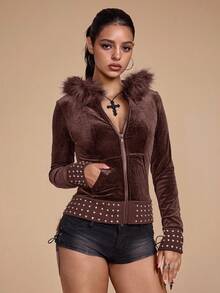 ROMWE Grunge Punk Sudadera con cremallera de terciopelo con decoración de rhinestones, ajustada para mujer, estilo Y2K - Café integral - Ver 6