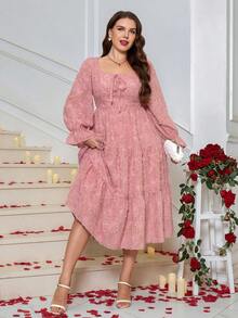 SHEIN Clasi Đầm dài tay thanh lịch, thắt eo bằng vải jacquard dành cho nữ cỡ lớn, thích hợp cho các buổi hẹn hò và tiệc tùng. - Hồng - Xem 3
