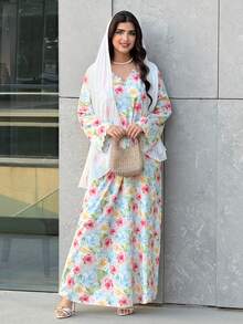 Yasmyna Women's Floral Print V-Neck Elegant Arabic Style Dress Summer Dress With Sleeve Floral Dress For Women - Multicolor - View 7