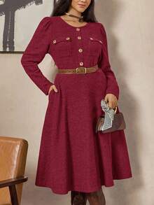 Zelara Elegant Formal Burgundy Autumn Vintage Coin Metal Button Embellished Plus Size Mid-Length Tweed Dress,Winter Classic Clothes For Women Outfit - Red - View 4