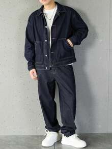 Manfinity Homme 加大码男士长袖单排扣牛仔夹克和牛仔裤休闲套装 - 深色水洗藍 - 查看 4