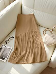 Franclia New Pleated Patchwork Knitted High Waist Slimming Midi A-Line Skirt, Casual Women Sweater Skirt - Ginger - View 2