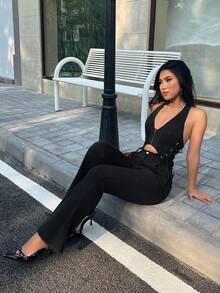 SHEIN PETITE Women's Deep V-Neck Hollow Out Side Waist Grommet Lace-Up Sexy Halter Jumpsuit - Black - View 7