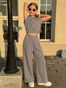 SHEIN Firerie Kids Nova Glow 两件套少女休闲翻领口袋衬衫和直筒裤，通勤装