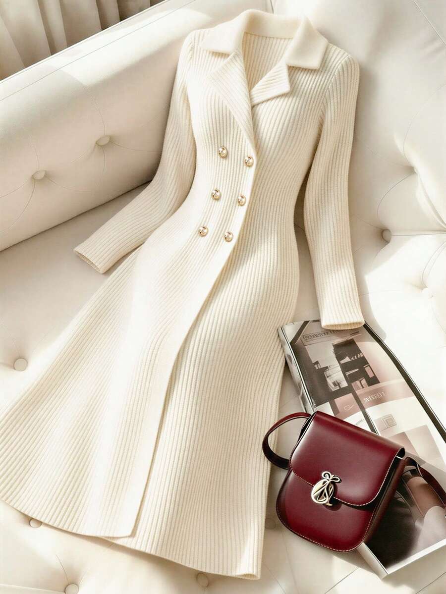 Franclia New Minimalist Blazer Style Gentle And Intellectual Miss Outfit, Suitable For Commuting, Workplace, Afternoon Tea, Date, Autumn/Winter, Reversible Collar, Double-Breasted Metal Buttons, Waist Cinched, Mid-Length, Versatile, Casual, Soft And Cozy, Academic Style, French Chic - Beige - View 1