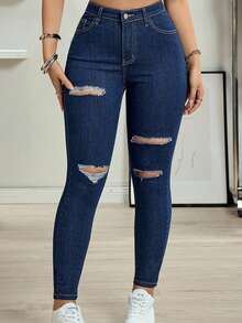 Jeanoix 黑色斜插口袋破洞紧身牛仔裤 - 深色水洗藍 - 查看 11