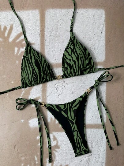 Swim Vcay 2pcs/Set Women's Floral Print Random Halter Triangle Bikini Top And Side Tie Bottom Swimsuit, Beach Summer Outfits For Spring Break 2025 Animal Print Swim Wear Tie Bikini Set Zebra Print Bikini Animal Print Bikini Tropical Bikini Set