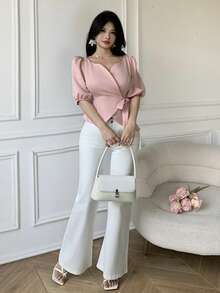 Celisse Women's Elegant Keyhole Neck Bubble Sleeve Blouse With Faux Pearl Decor, Tie Waist, Suitable For Summer, Dates, Valentine's Day - Pink - View 4