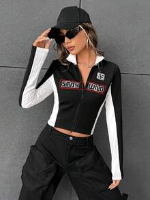 SHEIN EZwear 秋冬季字母图案双色拉链短款夹克 - 黑色 - 查看 6