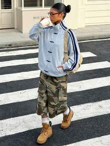 Muchica 女士休闲条纹蓝色纽扣轻薄外套 - 藍色 - 查看 6