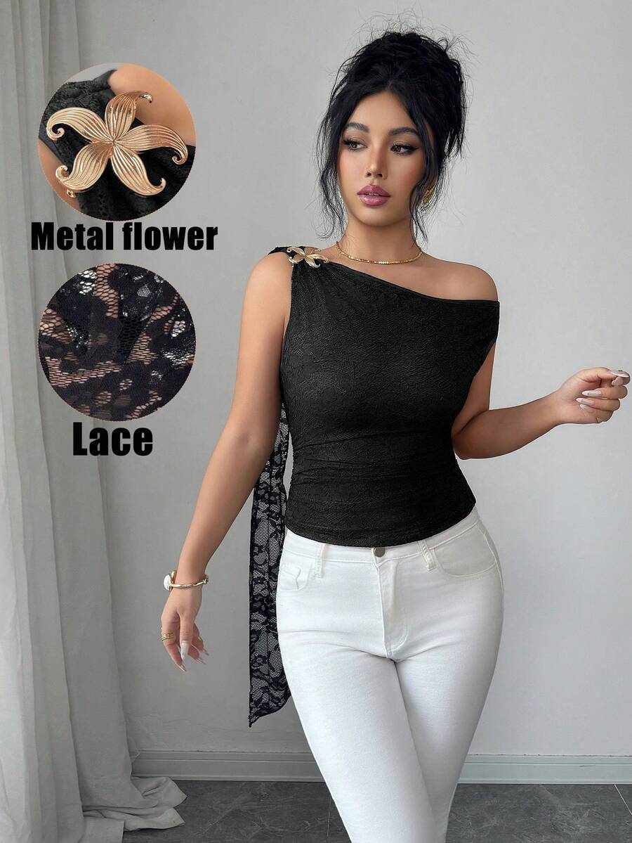 Elenzga 优雅蕾丝吊带无袖衬衫，饰有蝴蝶结，精致时尚，适合工作和度假穿着，复古风格，春夏必备。 - 黑色 - 查看 1