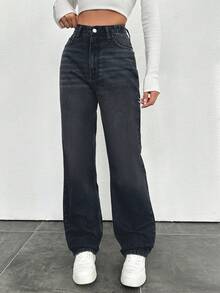 EURMUSE Jeans rectos de algodón 100% para mujer con bolsillos - Gris Oscuro - Ver 3