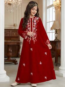 SHEIN Áo Jalabiya trẻ em màu đỏ họa tiết hoa, thanh lịch, cổ điển, thêu hoa, kiểu dáng truyền thống tối giản, tay dài, phù hợp cho bé gái tuổi teen vào mùa xuân/hè, váy tay dài kín đáo, áo Abaya cầu nguyện, thoải mái dễ chịu, trang phục thường ngày, phong cách nghỉ dưỡng, áo Kaftan kín đáo, áo Jalabiya trẻ em, áo Jalabiya cho bé gái tuổi teen - trắng - Xem 3