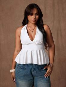 Rustia Plus Size Women's Solid Color Deep V-Neck Ruffle Hem Casual/Work Sleeveless Top - Beige - View 5