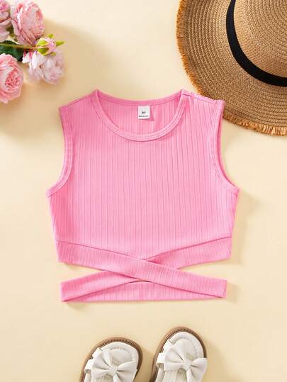 Sparklyn Tween Girl White Solid Color Casual Basic Round Neck Tank Top For Summer,Holiday,Summer,Travel Summer Crop Tops For Girls Pink Ribbed Crop Top For Girls Ribbed Tween Summer Tops