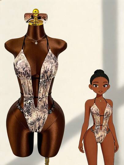 Zestiva Women's Summer Deep V Hollow Out One-Piece Swimsuit, Waist Beaded Decor, Adjustable Criss-Cross Back, Animal Print Design For Sexy & Fashionable Look