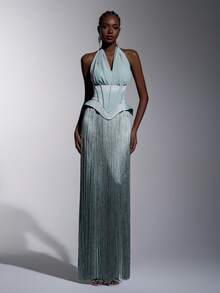 Elitara Elegant, Romantic, Fashionable, Dignified Gray-Green Sequin Fabric Satin Splice Halter Mermaid Hem Elegant Party Dress, Wedding Guest Dress, Green Dress, Fashionable Elegant Wedding Guest Formal Evening Gown - Green - View 5