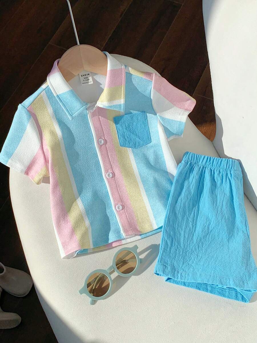 SHEIN 2件套幼儿男童春夏休闲条纹短袖衬衫和短裤套装，度假风穿搭 - 藍色 - 查看 1