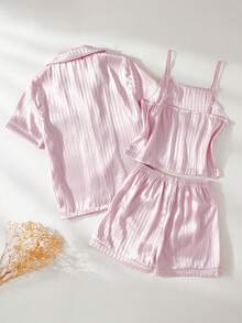 3件套女童优雅可爱粉色条纹吊带背心、长袖上衣和裤子舒适睡衣套装 - 淺粉色 - 查看 2