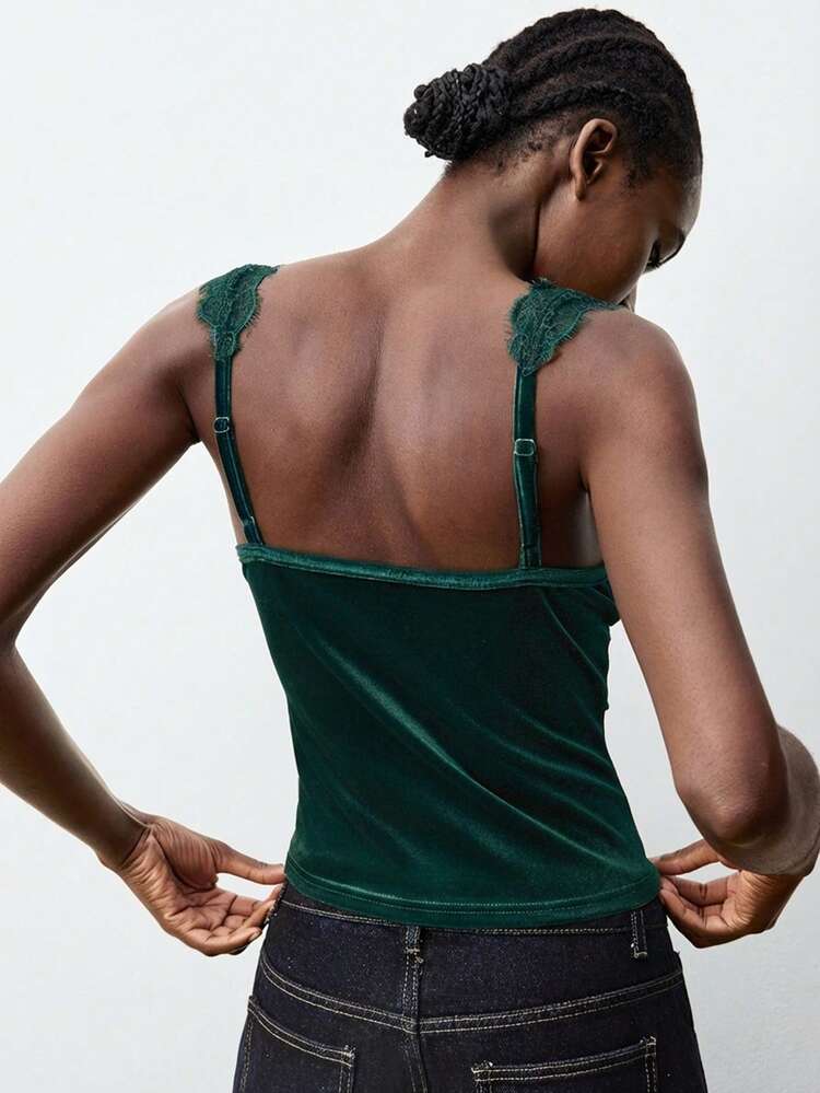 SHEIN Maija 2026 Velvet & Lace Patchwork Women's Metal 3D Floral Decor Camisole Emerald Green Top