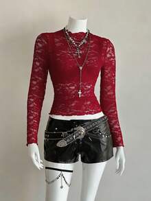 EgrlEra 女士时尚黑色性感蕾丝衬衫 - 紅色 - 查看 4