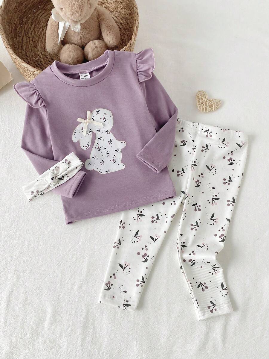 SHEIN 2pcs Baby Girls' Cute Floral Print Long Sleeve Top And Pants Casual Elegant Pajama Set Purple Toddler Outfit Baby Clothes Purple Set Toddler Legging Set Baby Girl Casual Sets Baby Girls Mauve Purple Long Sleeve Ruffle Round Neck Animal Pajama Set - Mauve Purple - View 1