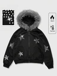 Goth Men's Casual Fashionable Street Rhinestone Star Pattern Patchwork Faux Fur Hooded Zip-Up Warm Fleece Sweatshirt, Autumn/Winter