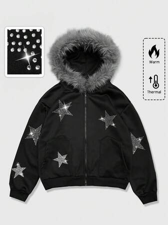 Goth Men's Casual Fashionable Street Rhinestone Star Pattern Patchwork Faux Fur Hooded Zip-Up Warm Fleece Sweatshirt, Autumn/Winter