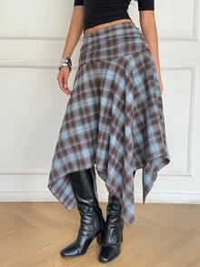 Aloruh 女士春夏新款不对称下摆格子中长裙，复古Y2K风格套装 - 藍色 - 查看 4