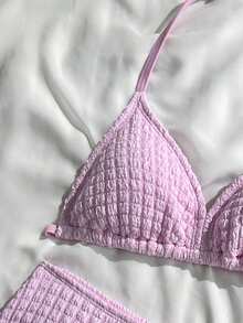 SHEIN 少女提花纹理挂脖比基尼套装，莲藕粉色 - 藕粉色 - 查看 4