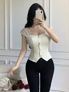 SHEIN LUNE Women's Sweetheart Collar Mesh Patchwork Button Design Fitted Elegant Blouse - Apricot - View 4