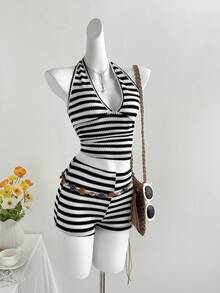 Elamini Women's Black & White Striped Halter Neck Tie Camisole And Super Shorts 2-Piece Set, Casual Vacation Style - Black and White - View 1