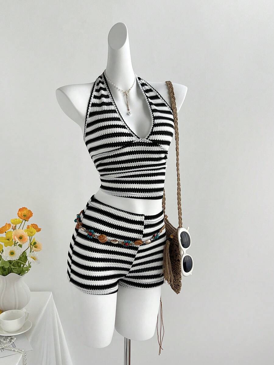 Elamini Women's Black & White Striped Halter Neck Tie Camisole And Super Shorts 2-Piece Set, Casual Vacation Style - Black and White - View 1