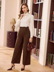 Vintamour 复古经典优雅女士长裤，修身直筒裤，新款中式纽扣棕色长裤，秋冬棕色女士高腰阔腿裤，春季女士长裤，棕色灯芯绒女士优雅长裤，高腰灯芯绒女士长裤 - 棕色 - 查看 7