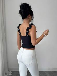Elenzga Elegant French Jewel Decor Rhinestone Camisole Sleeveless Knit Elastic Bodycon Tight Black Top, Fashionable For Vacation Wear, Layering Or Standalone, Spring/Summer Women Top Ribbed Top Studded Top Ruffle Top - Black - View 2