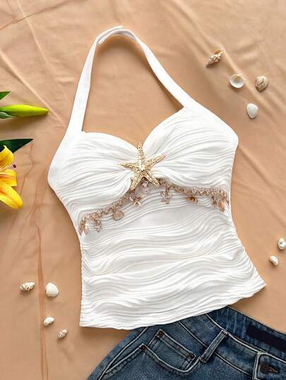 Vit sjöstjärna halterneck crop top | Kort rynkad blus med avtagbar rosett, lämplig för tween-flickor, luftig kort silhuett med sjöstjärnedekor + pärlkedja | Söta marina inslag ger sofistikering, halterneckdesign + avtagbar rosett | Flexibel styling, justerbart och rynkat tyg | Konturering utan att strama, bekväm men ändå moderiktig