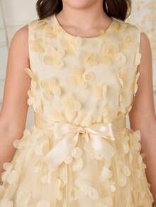 SHEIN 1pc Tween Girls' Spring/Summer Sleeveless Round Neck Mesh Butterfly Embroidered Party Elegant Flower Girl Wedding Bridesmaid Sweet A-Line Dress With Satin Belt, Everyday Wear Princess Dress - Apricot - View 4