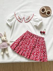 Playful Pals 2pcs Baby Girls Casual Floral Embroidery Puff Sleeve Shirt And Floral Pattern Ruffle Hem Skirt Set, Suitable For Spring/Summer, Vacation, Outing, Party, Daily Wear - Red - View 4