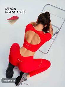 Innovista Women's Backless Short Sleeve Cropped T-Shirt And Leggings Sports Suit Seamless Set 2PCS Red Short Sleeve Crop Top, Removable Pads + High Waist Leggings, Breathable Mesh Knit, Open Back Cutout, Booty Lift Sculpting Stretch | Gym HIIT Yoga Pilates | Conjunto Sin Costuras Rojo Copas Removibles Espalda Abierta |  Conjunto Sem Costura Vermelho Bojo Removível | Gymtok Athleisure