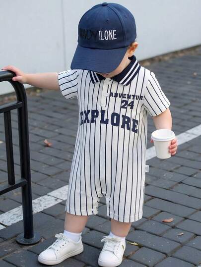 SHEIN Playful Pals 1pc Baby Boys Toddler Infant Newborn Sporty Cool Fashion Casual White Navy Blue Vertical Striped Pattern Baseball Jersey Style EXPLORE Adventure Letter Number 24 Print Graphic Short Sleeve Turn Down Collar Button Romper Jumpsuit Bodysuit Playsuit One Piece Soft Clothes For Daily Wear Outdoor Sports Summer Spring Toddler Baseball Outfit Baby Boy Short Jumpsuit