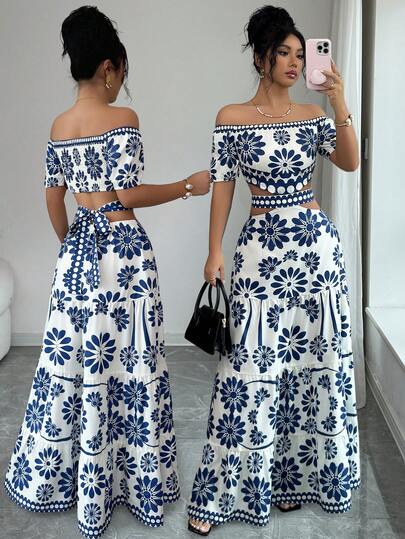 Elenzga Vestido de moda con estampado floral, hombros descubiertos, manga corta y cintura hueca